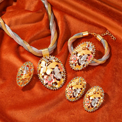 Dubai Jewelry Sets Tassels Necklace for Women Crystal Bracelet Gifts Charm Bridal Earrings Ring Wedding Accessories